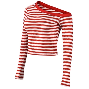Detail of red and white striped off-shoulder long sleeve crop top in knit fabric
