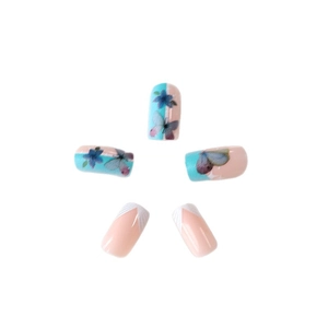 Classic white French manicure press-on nails with blue butterfly floral designs