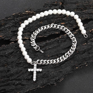 Stainless Steel Cuban Chain Mixed Glass Artificial Pearl Necklace With Iced Out Copper Zircon Cross Pendant Hip Hop Style Unisex