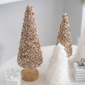 Mini tabletop Christmas tree set with gold sequins and white feathers on wooden bases