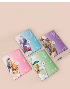 Detail of four watercolor painting books featuring floral, animal, and scenery themes