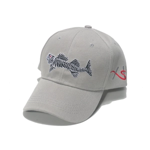 Gray cotton baseball cap with fish bone embroidery and side artistic lettering detail