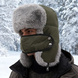 Olive green winter trapper hat with gray faux fur and mask for outdoor skiing in snow