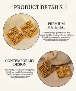 Detailed macro view of square gold-plated stainless steel earrings with textured relief