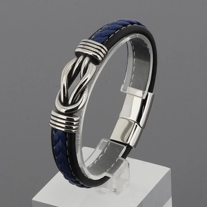 Men's blue and black braided leather bracelet with stainless steel magnetic clasp