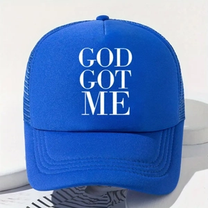 Detailed macro view of the royal blue mesh trucker hat with GOD GOT ME printed text