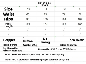 Tableau des tailles pour veste et pantalon en denim avec mesures de taille