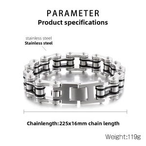 Detailed view of heavy 304 stainless steel motorcycle chain bracelet with specs