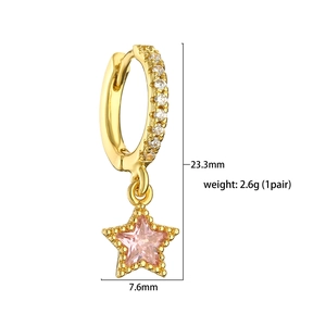 Detail view of 18K gold star hoop earring with pink zircon and size dimensions