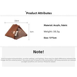 Close-up of brown checkered fabric hair tie showing 13x5cm dimensions and button detail