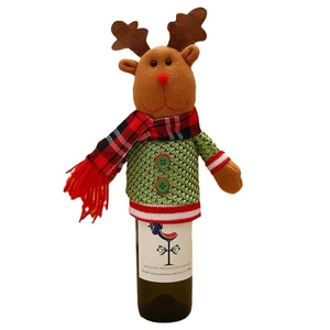 Christmas reindeer wine bottle cover with red plaid scarf and green knit sweater