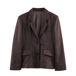 Women's dark brown corduroy blazer with notched lapels and single-breasted buttons