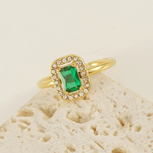 Square green zircon 18K gold plated stainless steel open ring for women