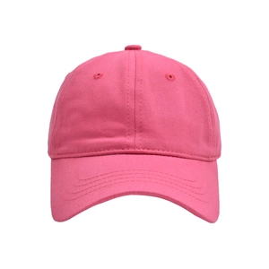 Close-up of rose pink cotton baseball cap showing detailed stitching and breathable eyelets