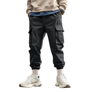 Men's loose cargo pants in black featuring multi-pockets and elastic cuffs for outdoor