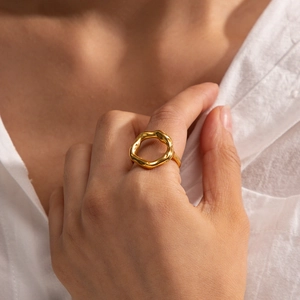 18K gold plated titanium steel lava flower open ring worn on female hand