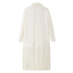 Detailed back view of white long coat featuring unique tassel fringe hem design