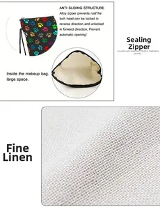 Detail of linen makeup bag showing alloy anti-slip zipper and large interior space