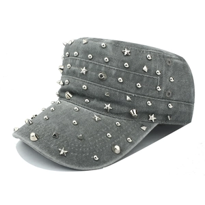 Punk style washed gray military cap with silver metal studs and star rivets decoration