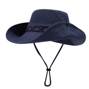 Dark blue western cowboy sun hat with wide brim and adjustable chin strap for outdoors