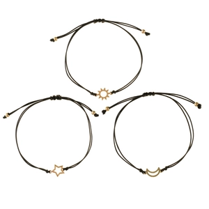 Set of 3 adjustable black rope bracelets with gold sun, moon, and star charms