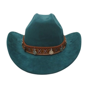 Detail of peacock blue cowboy hat with ethnic braided band and vintage metal pendants