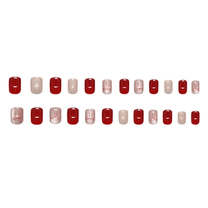 24pcs set of red bow cat eye press-on nails with champagne gold glitter and square shape