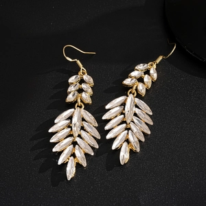 Luxurious gold leaf tassel drop earrings with sparkling rhinestones for formal occasions