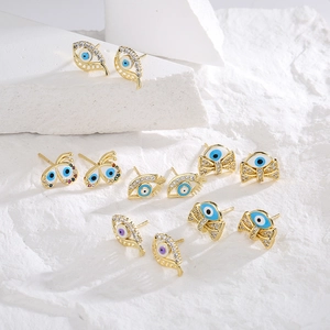 Evil Eye Stud Earrings 18K Gold Plated Copper Zircon Enamel Butterfly Bowknot Geometric Bohemian Jewelry For Women