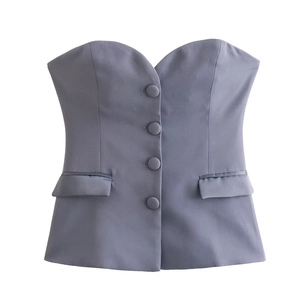 Gilet da completo a fascia grigio-blu con scollo a V, quattro bottoni e tasche decorative