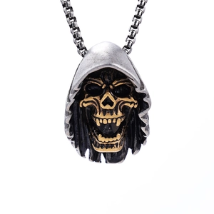 Retro punk style grim reaper skull pendant in vintage silver and gold stainless steel