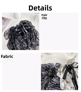 Detail shot of large hair claw clip featuring elegant layered floral chiffon ribbons