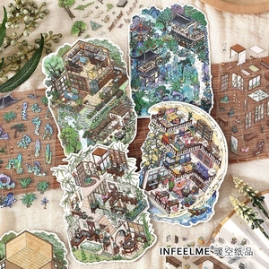 DIY Scene Stickers PET Cardboard Scrapbooking Journaling Isometric Miniature House Architecture Hand Drawn Aesthetic