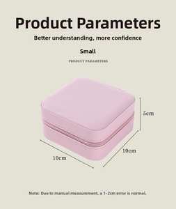 Pink PU leather jewelry box measuring 10x10x5 cm with zipper closure and texture detail