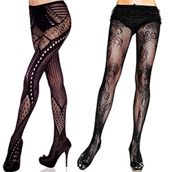 Close-up of black fishnet stockings featuring geometric hollow patterns and floral motifs
