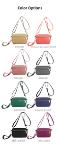 Detailed multi-color selection of small nylon shoulder bags with dual straps and zippers
