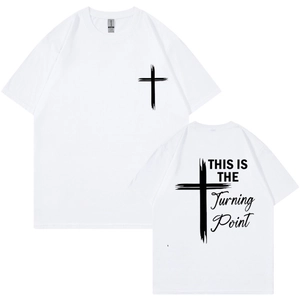 White crew neck T-shirt with cross prints on front and back featuring Turning Point text