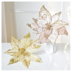 Detail of champagne and gold glitter SwanLace Christmas poinsettia with sequins and embroidery
