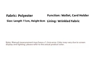 Detailed size chart for polyester card wallet with snap closure showing 11x8cm dimensions