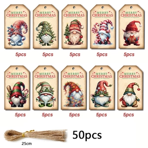 50pcs Christmas gnome paper gift tags with festive tree designs and hanging jute twine