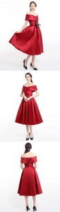 Lace-up back detail and pleated waist on this elegant burgundy satin off-shoulder dress