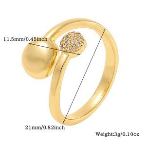 Detail view of gold open ring with cz pavé disc and 11.5mm ball including dimensions
