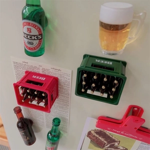 Creative beer bottle and crate fridge magnet with magnetic bottle opener functionality