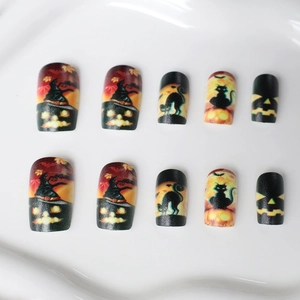 Halloween press-on nails set with jack-o'-lantern, black cat, and witch patterns