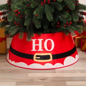 Red plush Christmas tree skirt featuring Santa belt design and HO HO HO sequins
