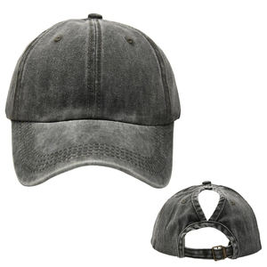 Detail view of washed grey cotton baseball cap with high ponytail hole and metal buckle