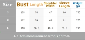 Detailed size guide table for faux fur coat showing bust, length, and sleeve dimensions