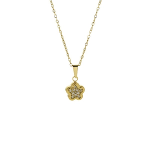 Polished gold flower pendant necklace with white zircon crystals on a fine chain