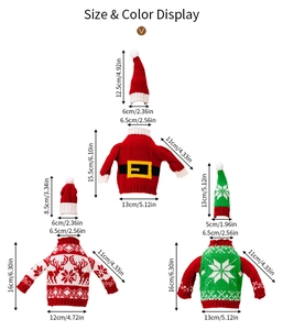 Size and color display of knitted Christmas wine bottle sweaters and hats for holiday decor