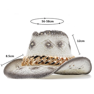Hollow out cowboy straw hat with gold chain decor and 8.5cm brim for sun protection